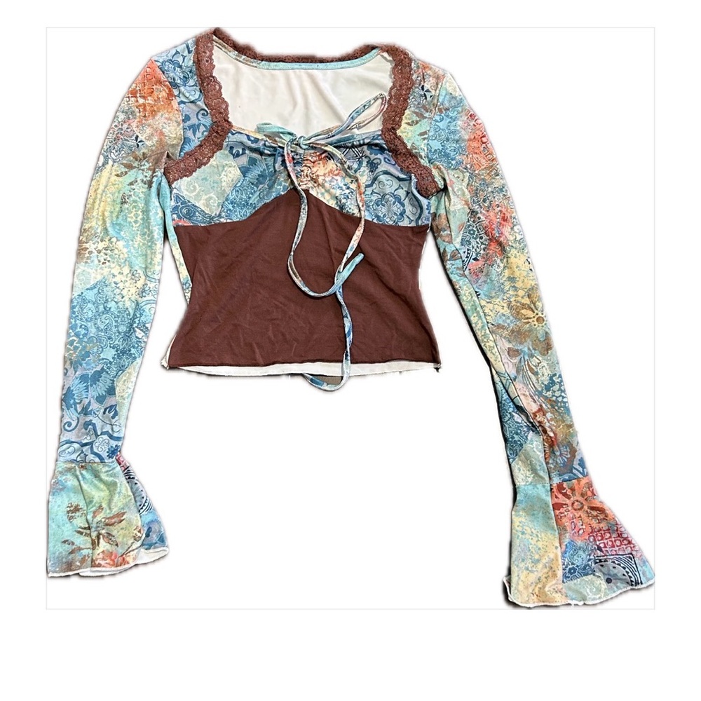 SHEIN Icon Patchwork Tie Front Top XS Boho Y2K Bell Sleeve Lace Trim